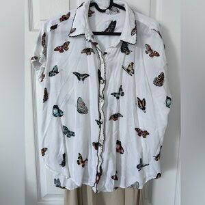 Jane and Delancey White Button-Down Top with Multicolor Butterfly Print